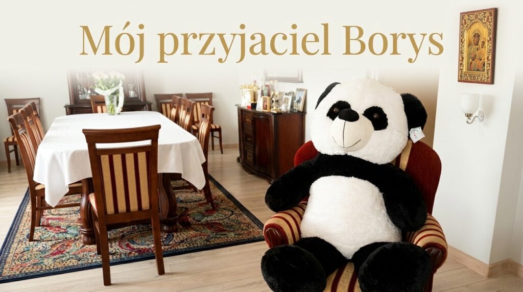 Pluszowy Miś Borys na fotelu – inicjatywa dla dzieci w Parafii Wyszyny.